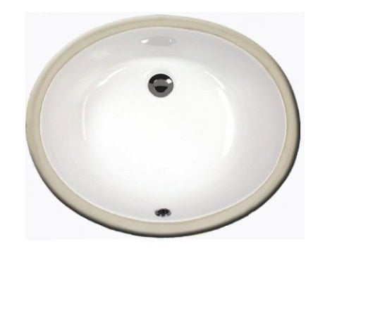 Round white bathroom sink with drain and overflow hole.