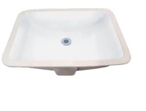White rectangular kitchen sink with drain in the center.
