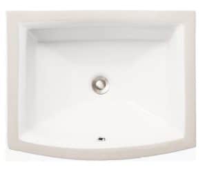 White rectangular kitchen sink with drain hole and smooth finish.