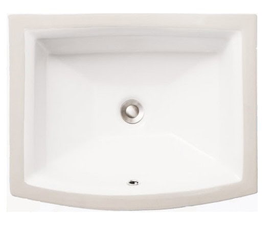 White rectangular kitchen sink with drain hole and smooth finish.