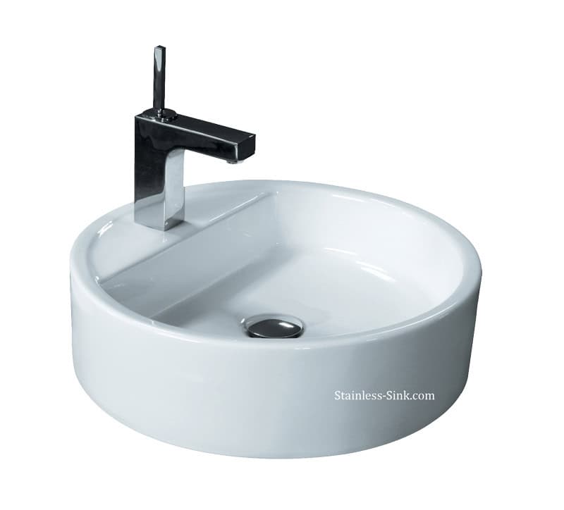 Contemporary white ceramic bathroom sink with black faucet and drain.