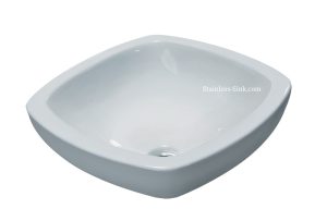 White square bathroom sink with smooth finish and drain hole.