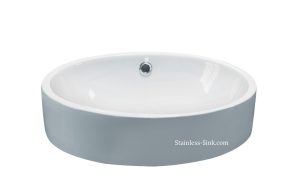 Oval stainless steel bathroom sink with drain hole and smooth finish.