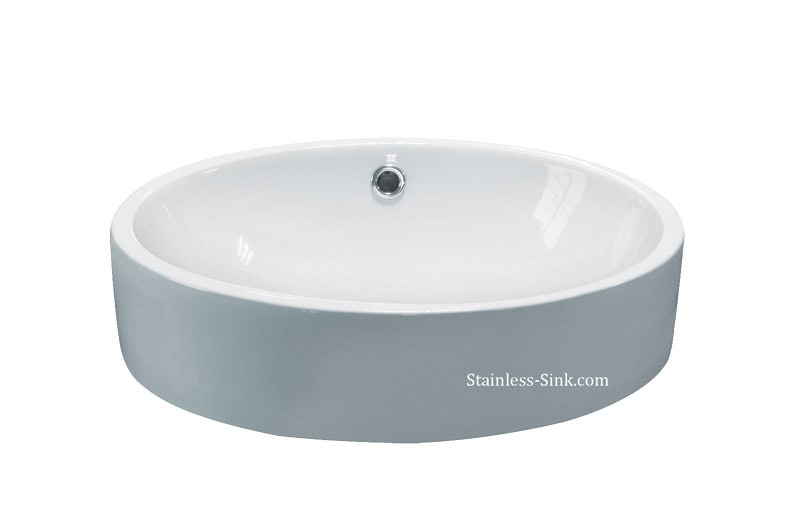 Oval stainless steel bathroom sink with drain hole and smooth finish.