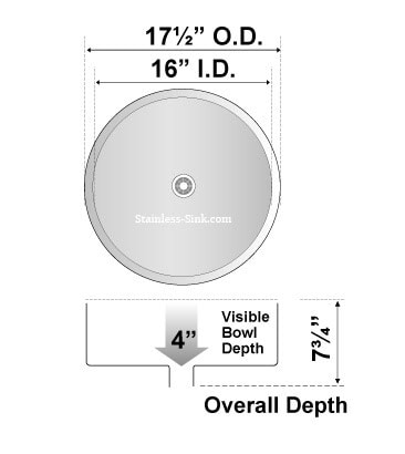Diagram of stainless steel sink drain with dimensions and bowl depth details.