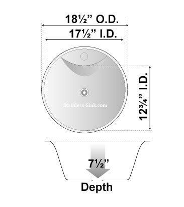 Round stainless steel kitchen sink with detailed dimensions and depth.