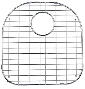 Stainless steel sink grid with circular cutout for drain.