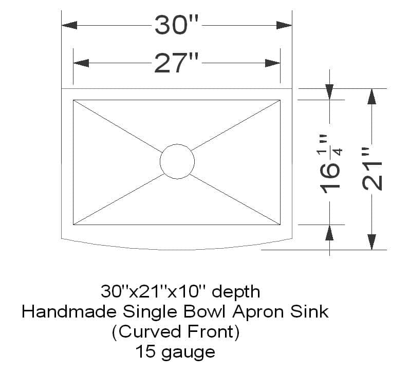Curved front handmade stainless steel apron sink with dimensions 30x21x10 inches.