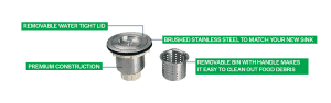 Stainless steel strainer basket with removable bin for easy cleaning.