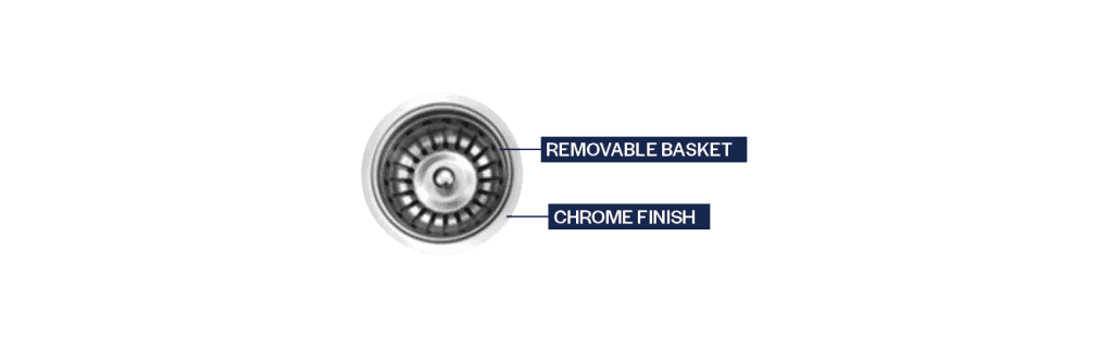 Removable chrome-finished strainer basket for kitchen sinks.