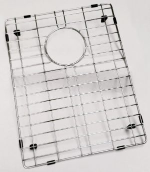 Stainless steel sink grid with circular cutout for drain.