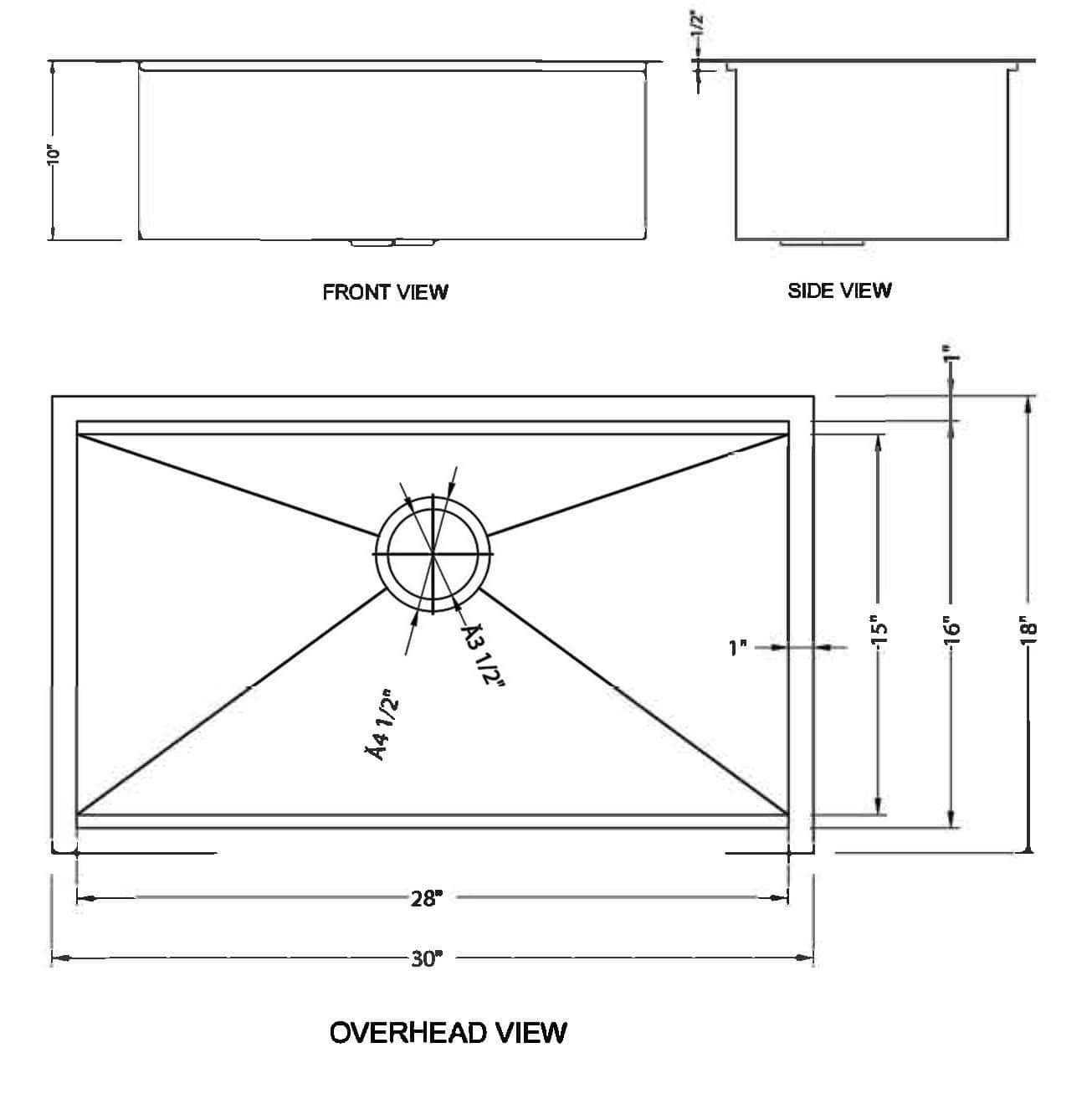Technical drawing of a stainless steel kitchen sink with measurements and views.