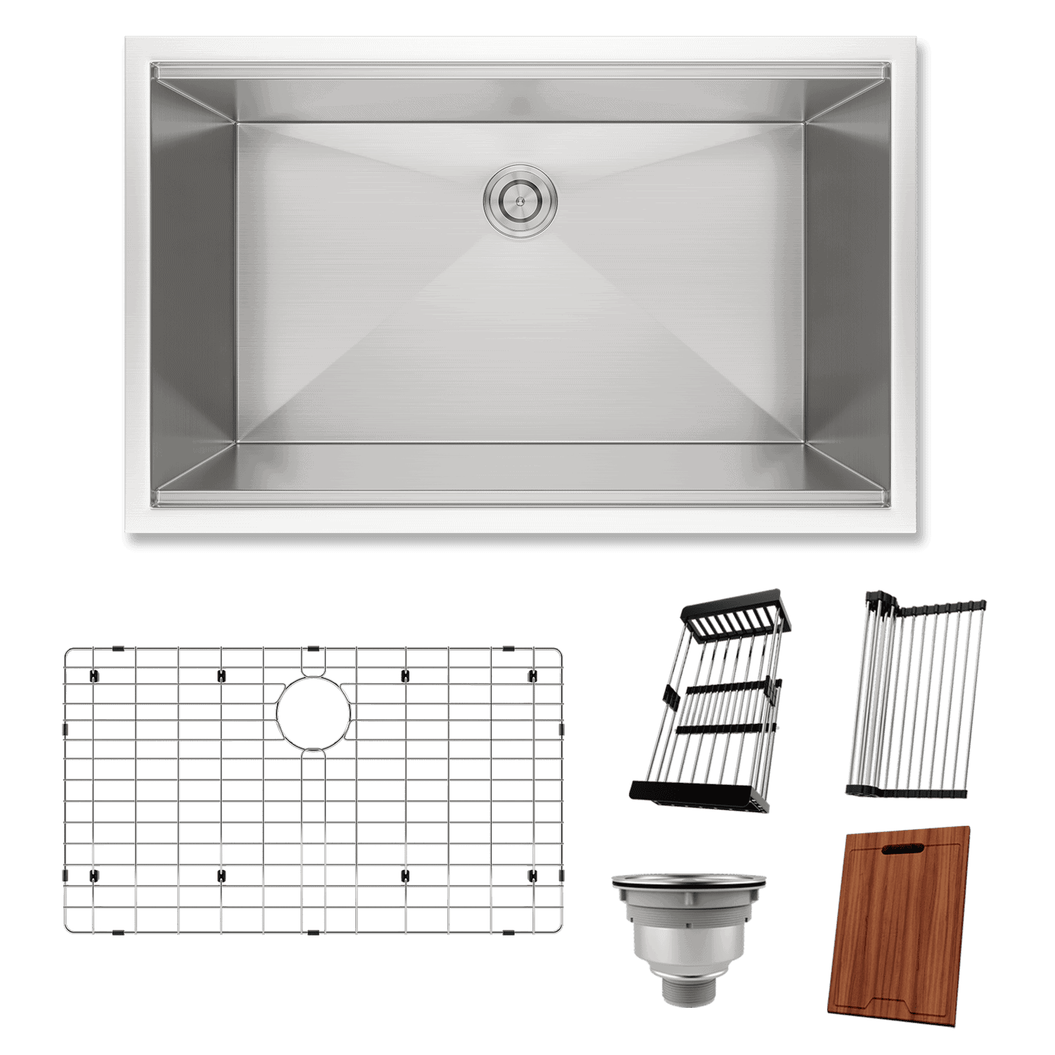 Stainless steel kitchen sink with drain grid, cutting board, and accessories.