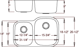 Detailed diagram of a stainless steel kitchen sink with measurements.