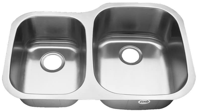 Stainless steel double kitchen sink with two basins and drain holes.