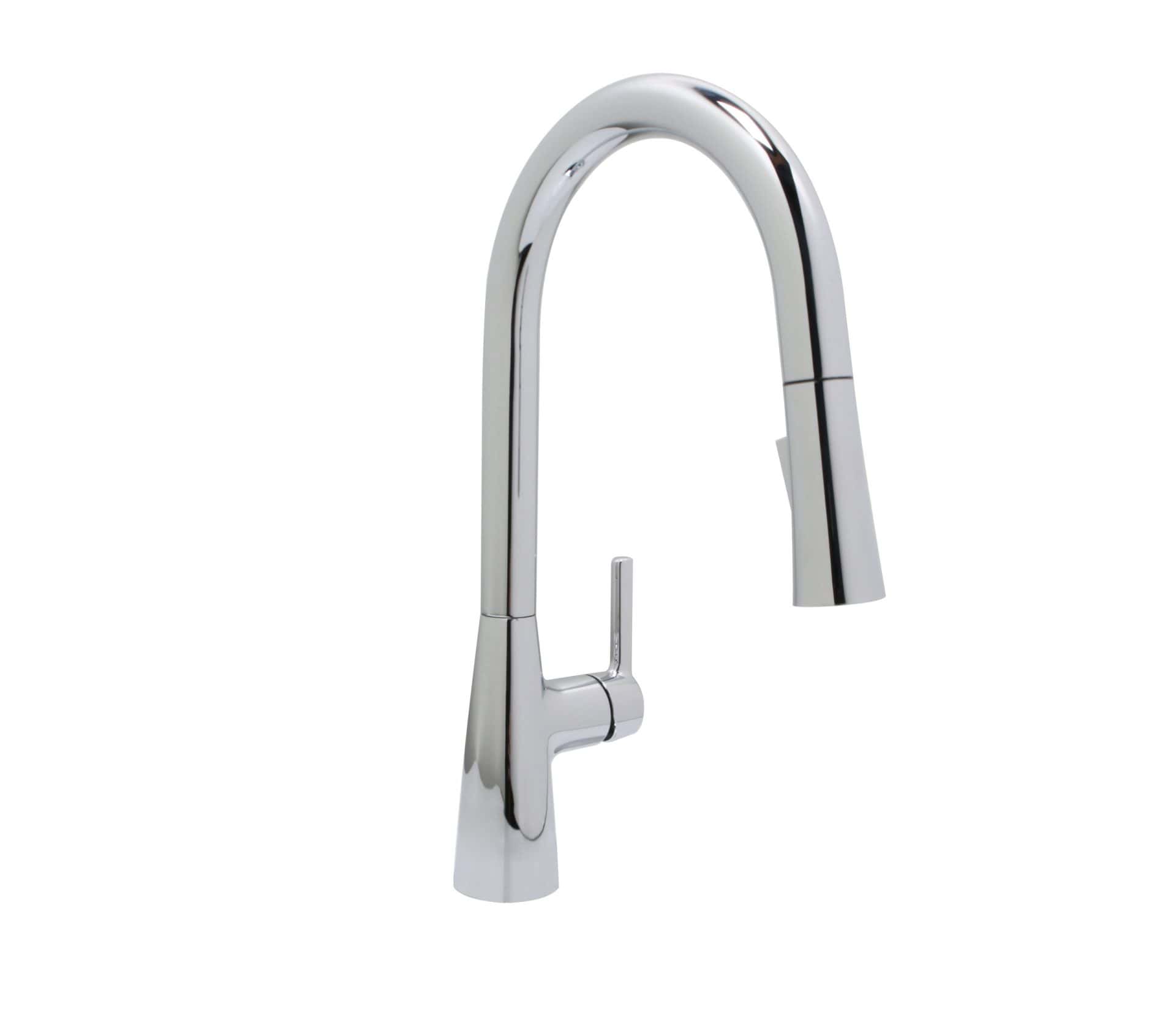 Modern chrome kitchen faucet with high arc spout and single handle.