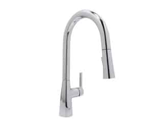 Modern chrome kitchen faucet with high arc spout and single handle.