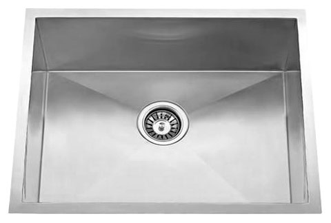 Stainless steel kitchen sink with drain in a sleek design.