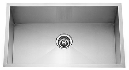 Stainless steel kitchen sink with drain in a clean, modern kitchen setting.