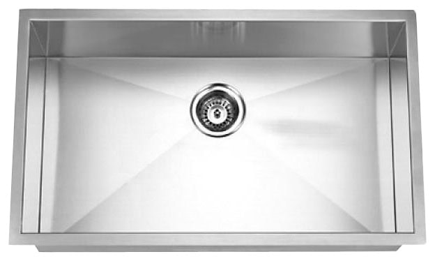 Stainless steel kitchen sink with single basin and drain in a modern kitchen.