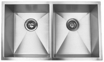 Stainless steel double kitchen sink with two basins and drain openings.