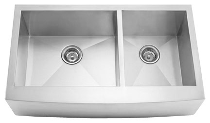 Stainless steel double basin kitchen sink with modern design and durable construction.