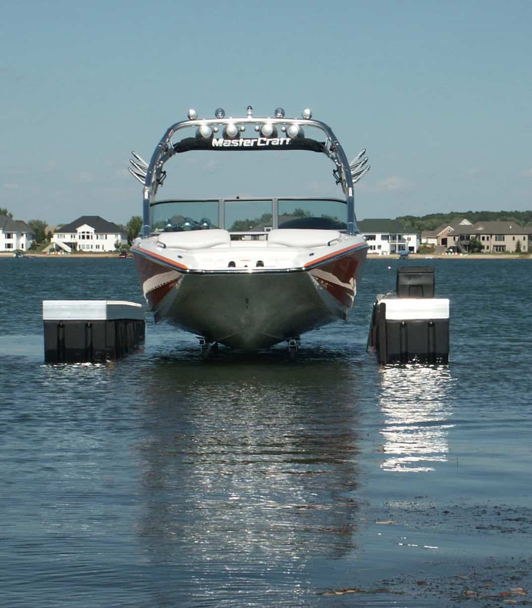 Powerboat docked at Summit Marine, showcasing high-performance marine vessel.