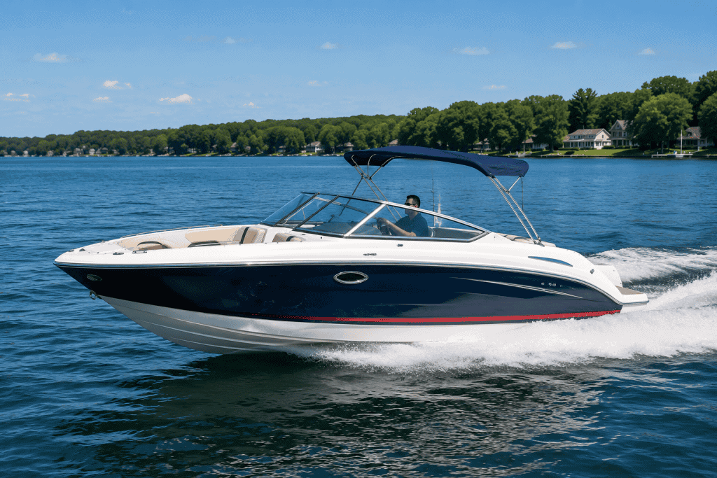Luxury speedboat cruising on a calm lake with a clear sky.
