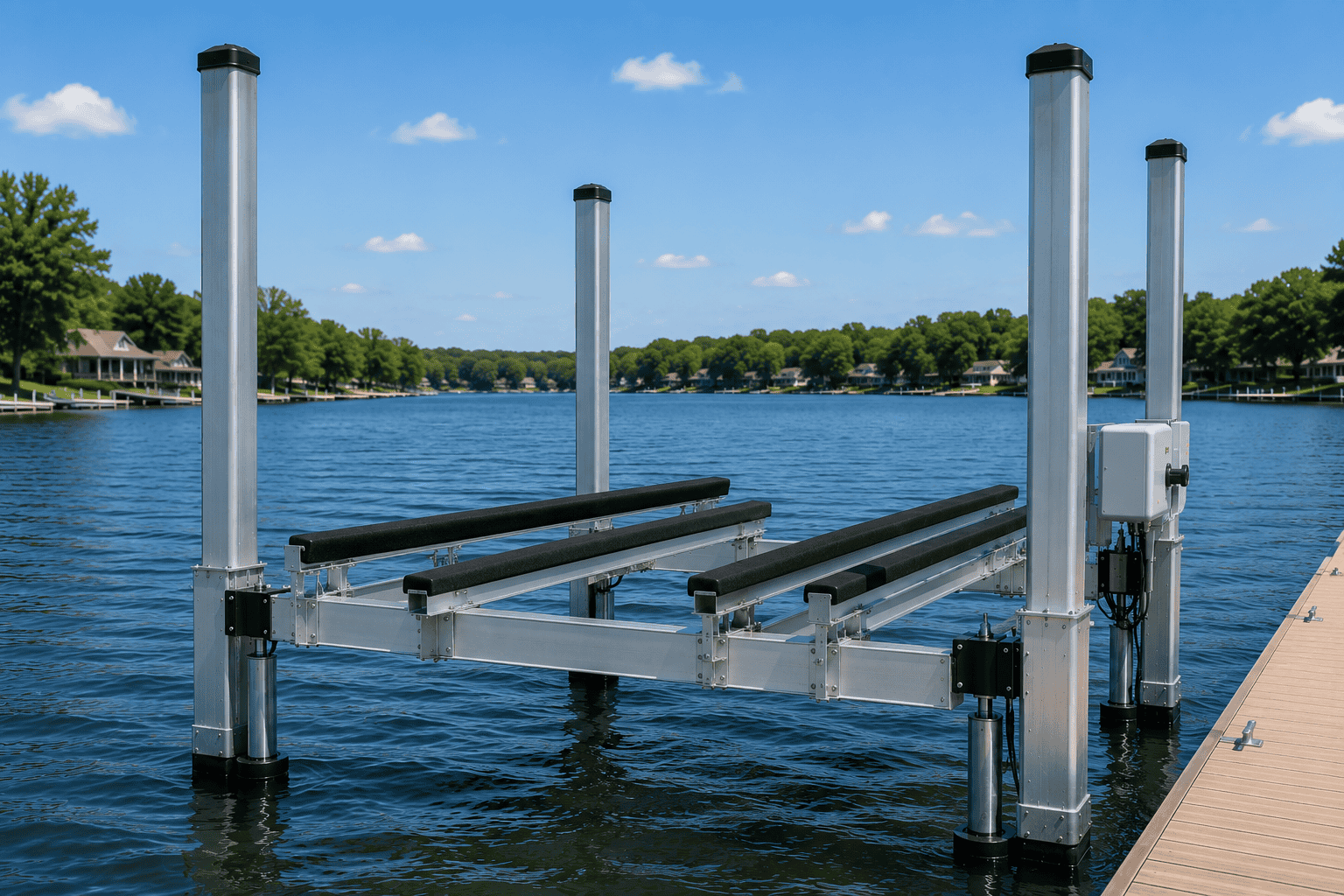 Boat lift system at Summit Marine on a calm lake.