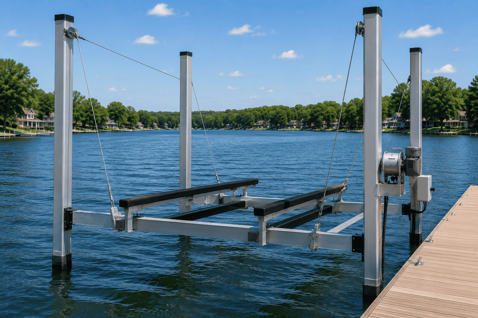 Boat lift system on water with dock and trees in background.
