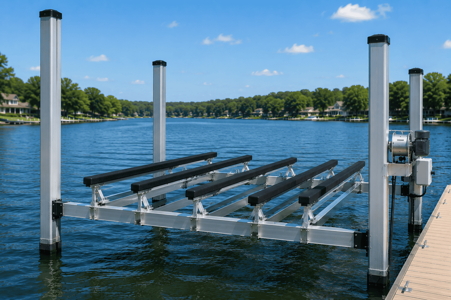 Boat docking platform at Summit Marine on a sunny day.