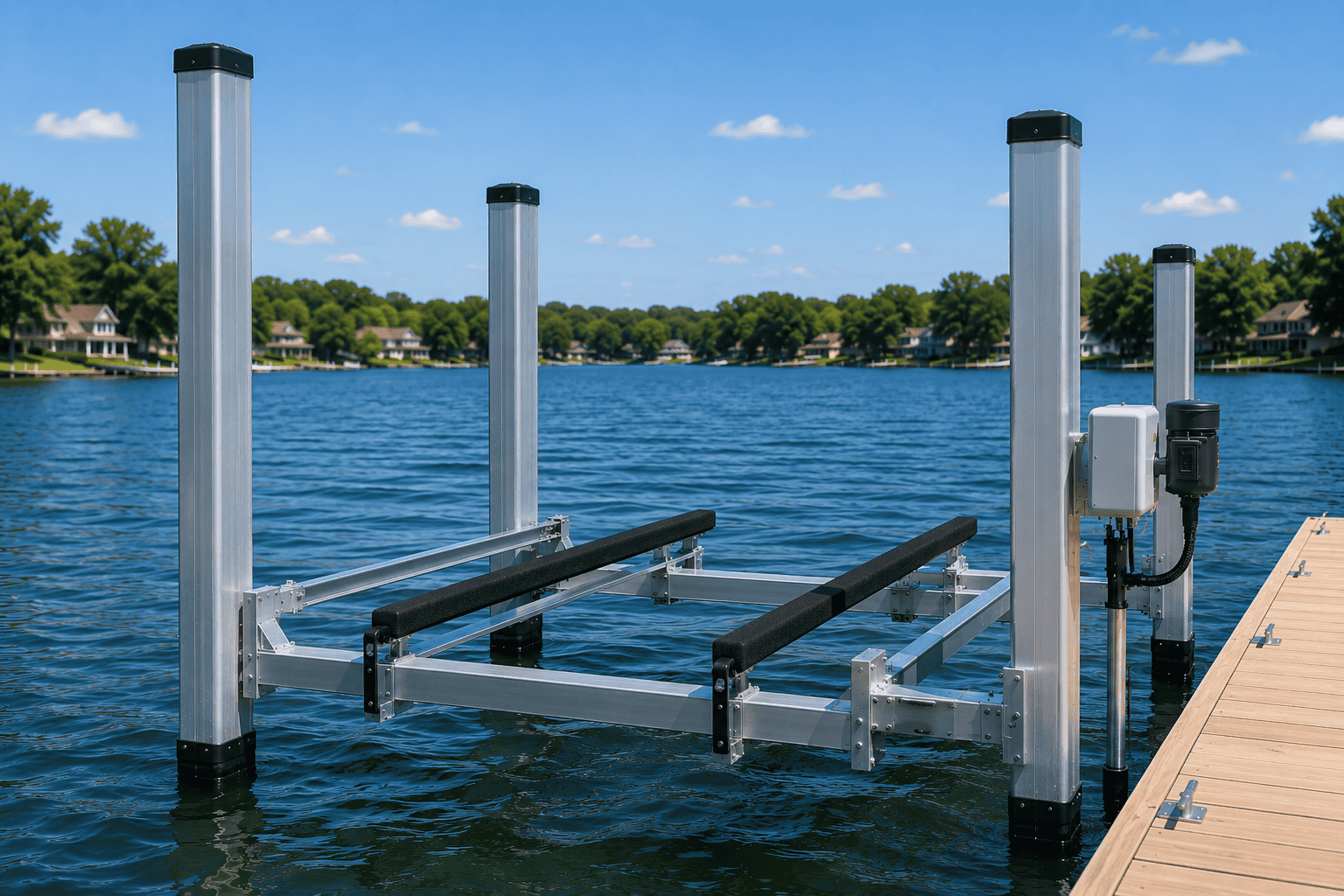 Marine boat lift system with sturdy posts and adjustable supports on water.