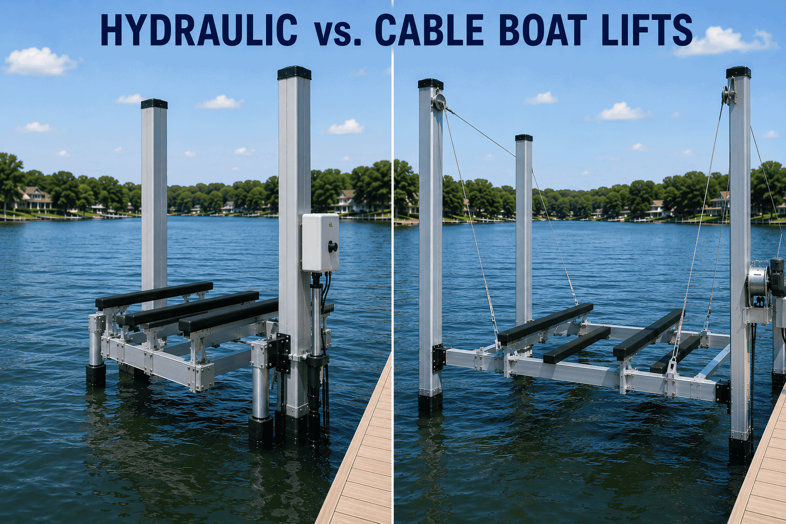 Comparison of hydraulic and cable boat lifts at Summit Marine.