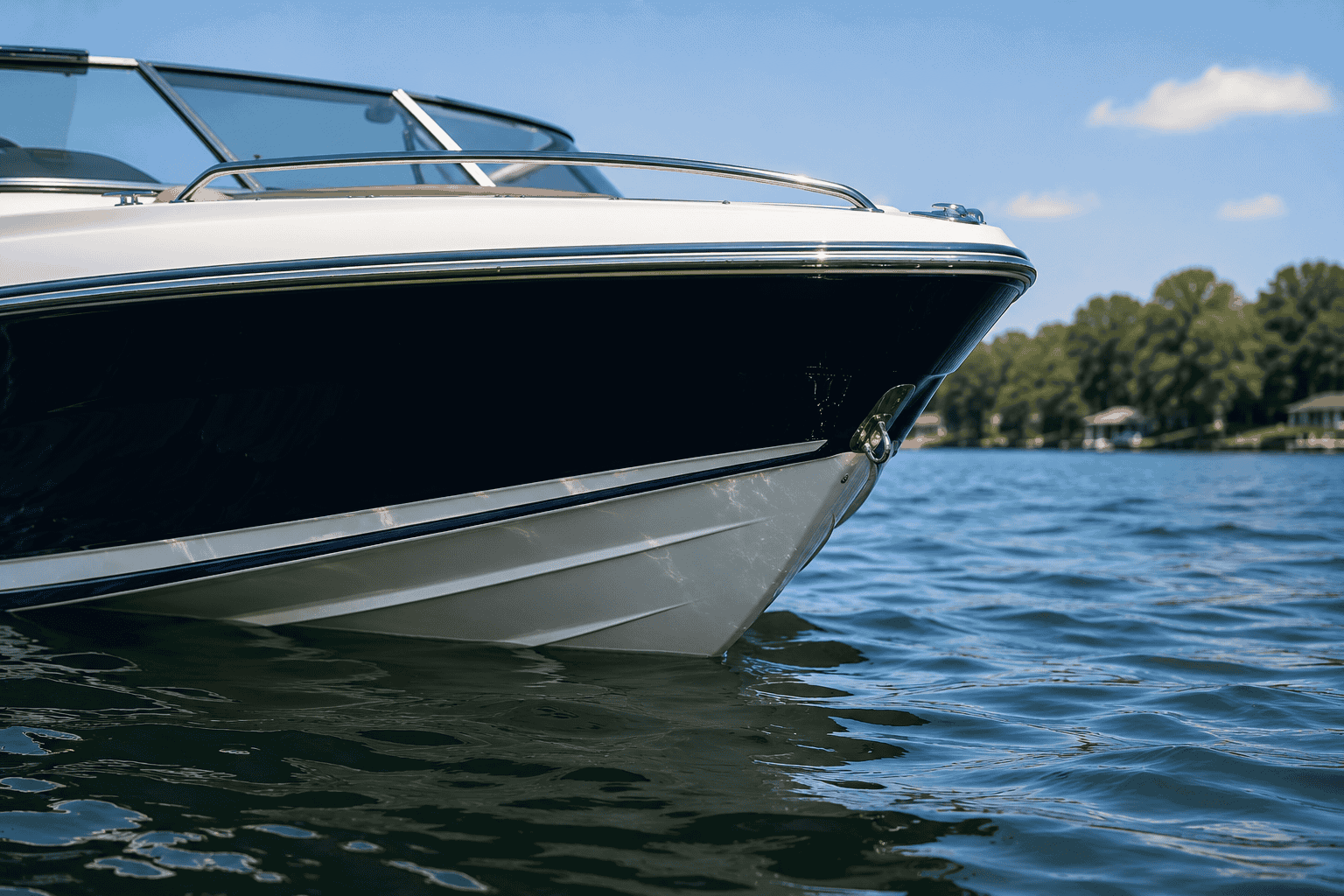 Luxury powerboat on water with clear sky and shoreline in background.