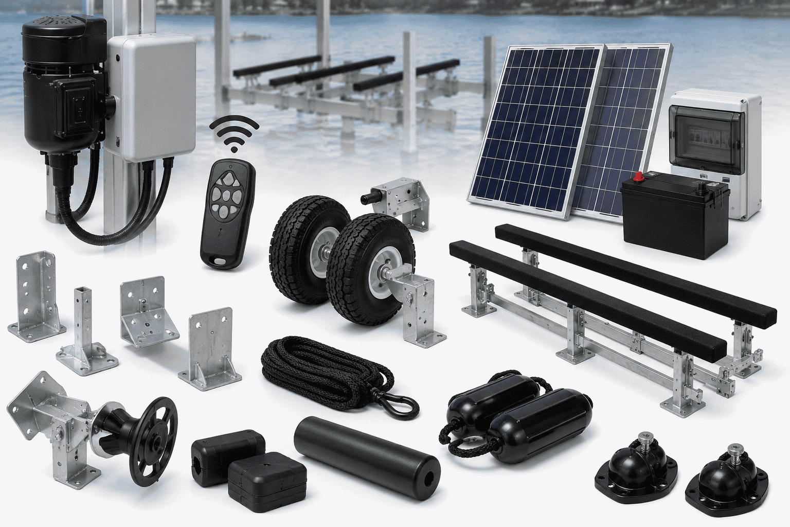 Marine solar panels, batteries, and electric motor components for boats.