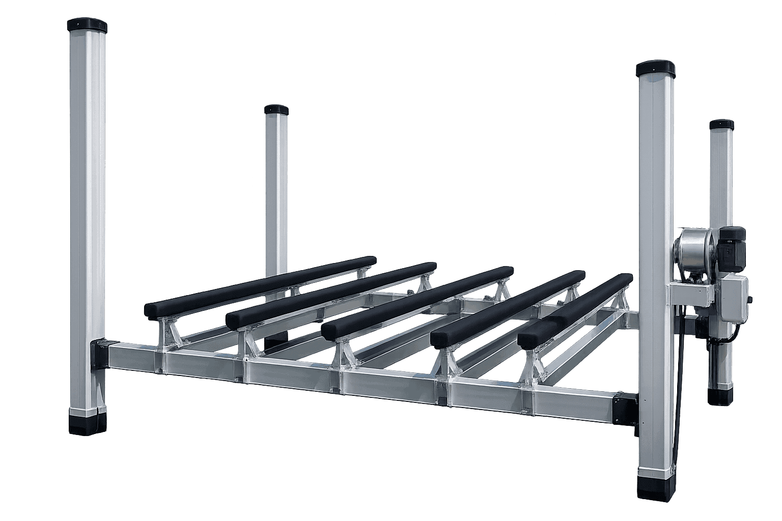 Marine lift platform with adjustable vertical supports and rollers for boat maintenance.