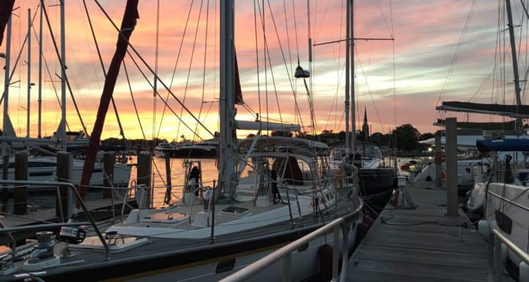 Boat with colorful sunset in Annapolis