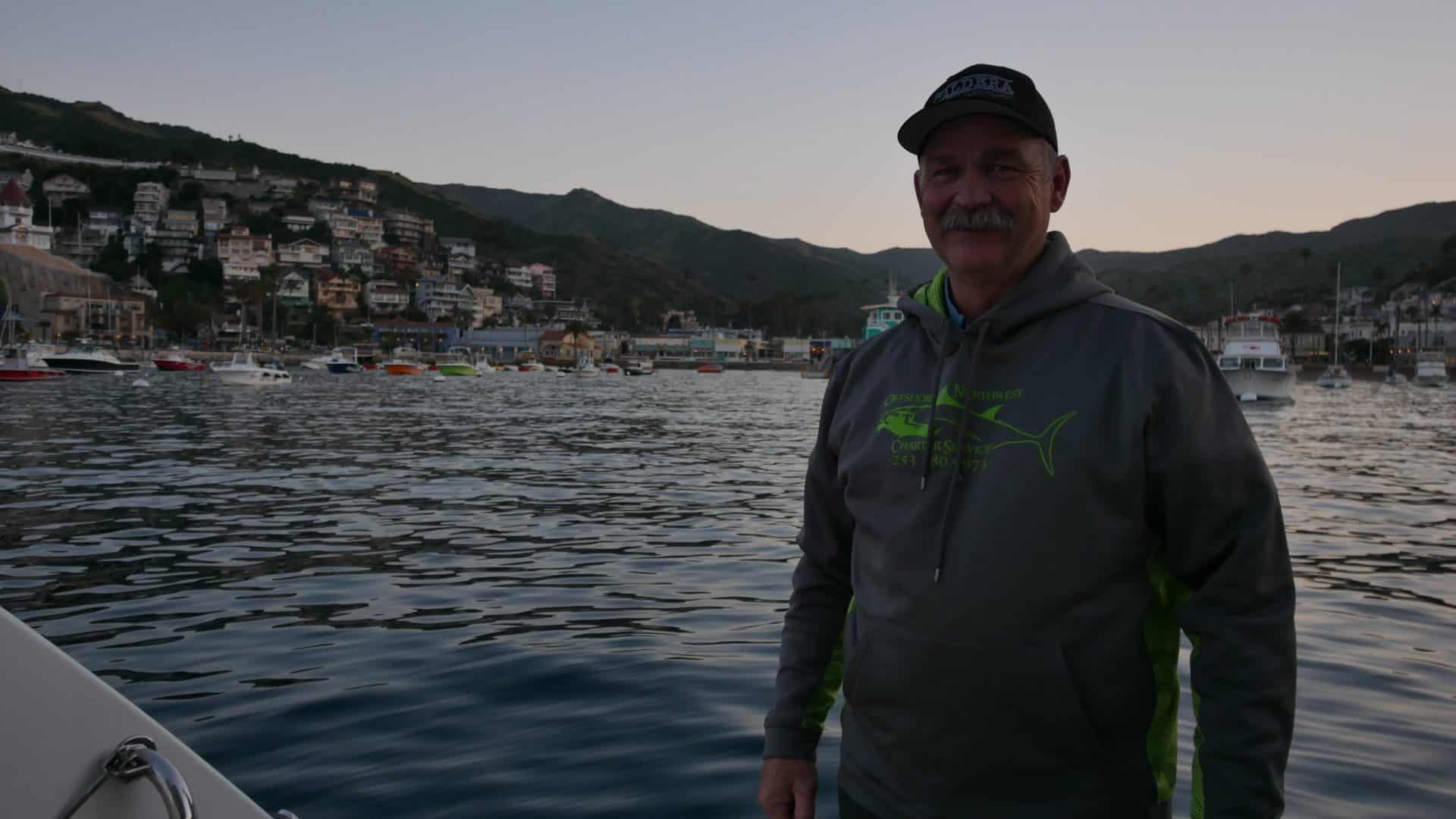 Tim at the end of the boat at Avalon, Catalina Islands