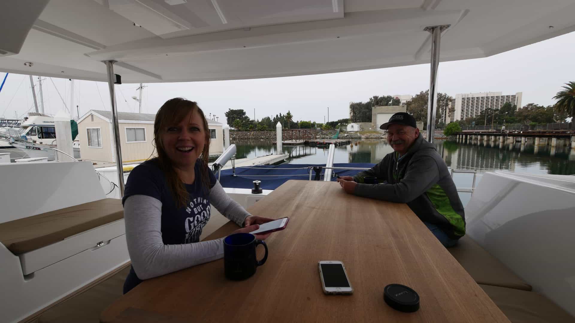 Emily and Tim, morning coffee in the Helia 44
