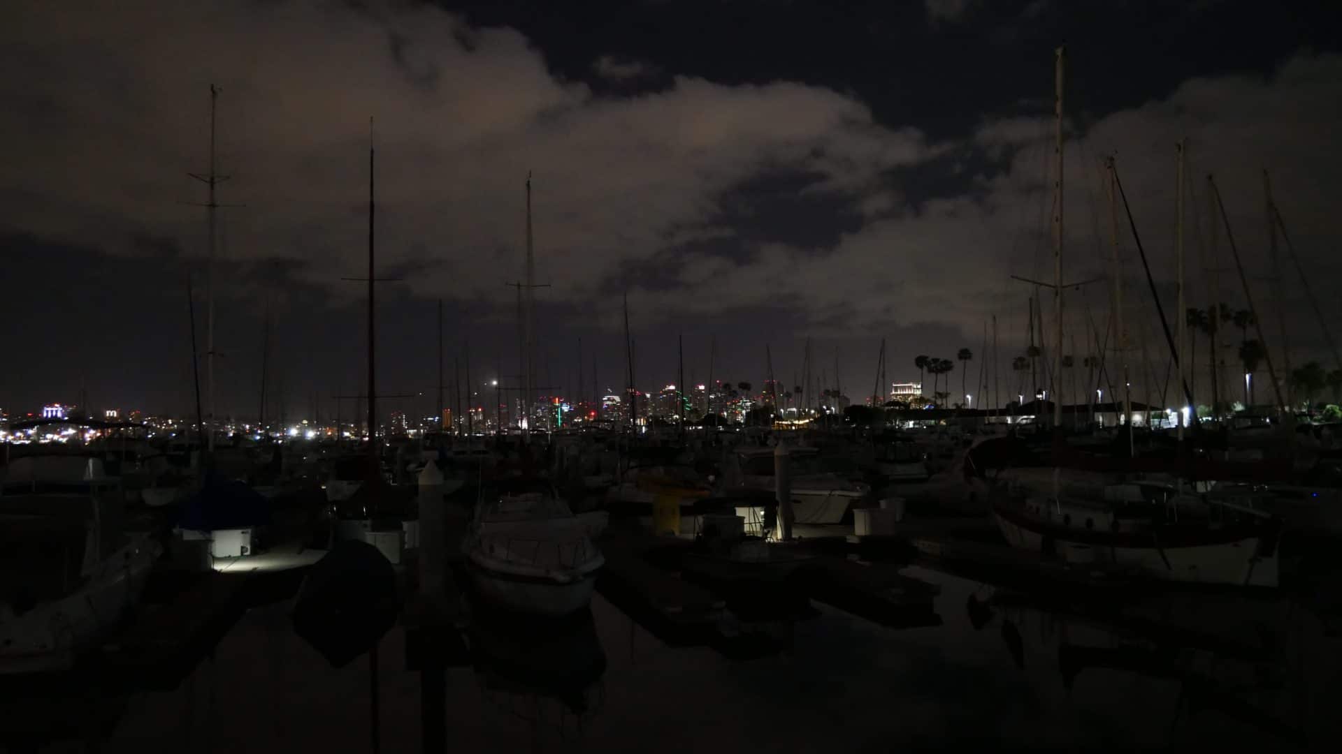 Night shot of the marina with San Diego in the background
