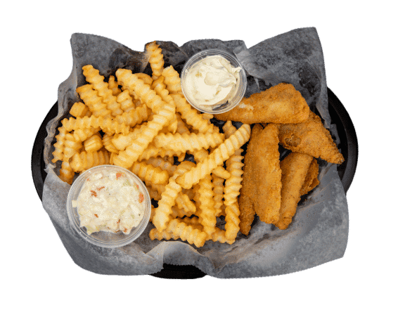 Fried fish fillets with crinkle-cut fries and dipping sauces on a black tray.