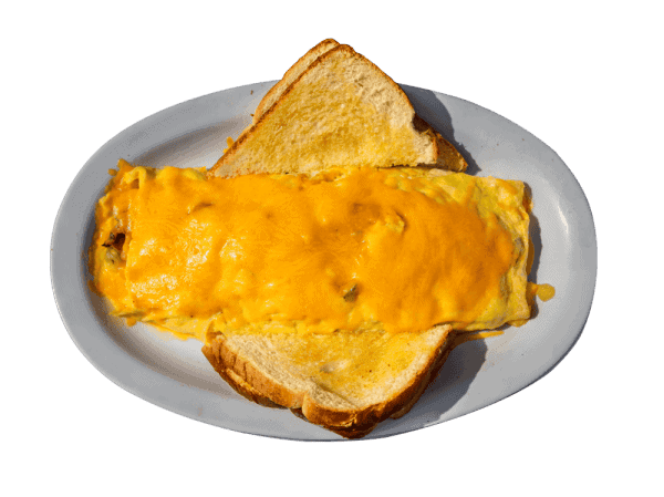 Cheese omelette served on a white plate with toasted bread slices.
