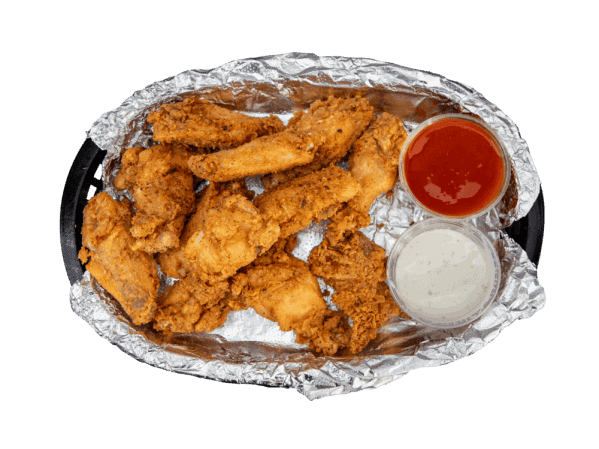 Crispy fried chicken tenders with red and white dipping sauces on foil.