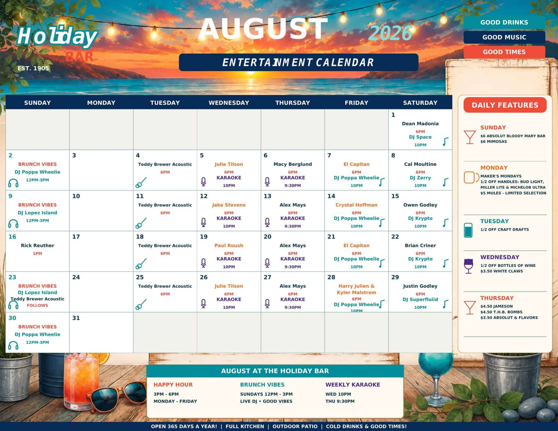 August 2026 entertainment calendar at The Holiday Bar with events and daily features.