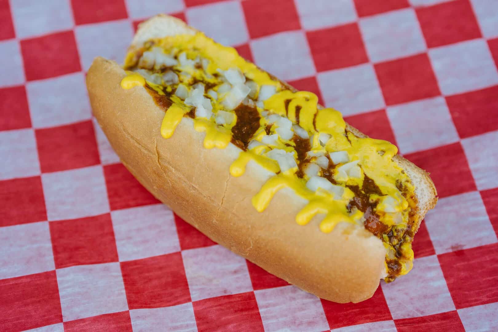 Delicious hot dog with mustard, onions, and relish on a bun.