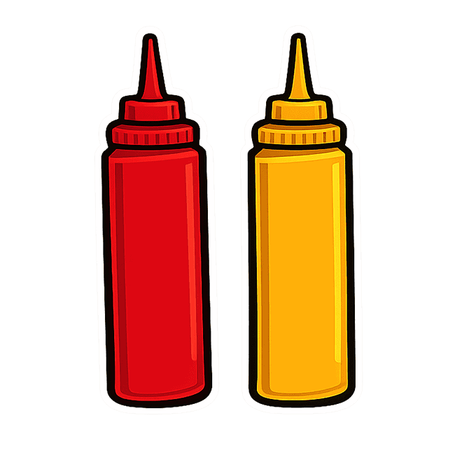Red and yellow condiment bottles for sauces and toppings.