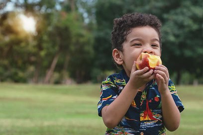 young boy eating an apple