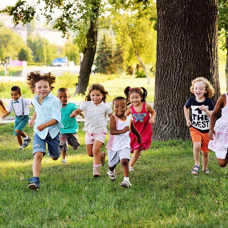 kindergarteners running outside