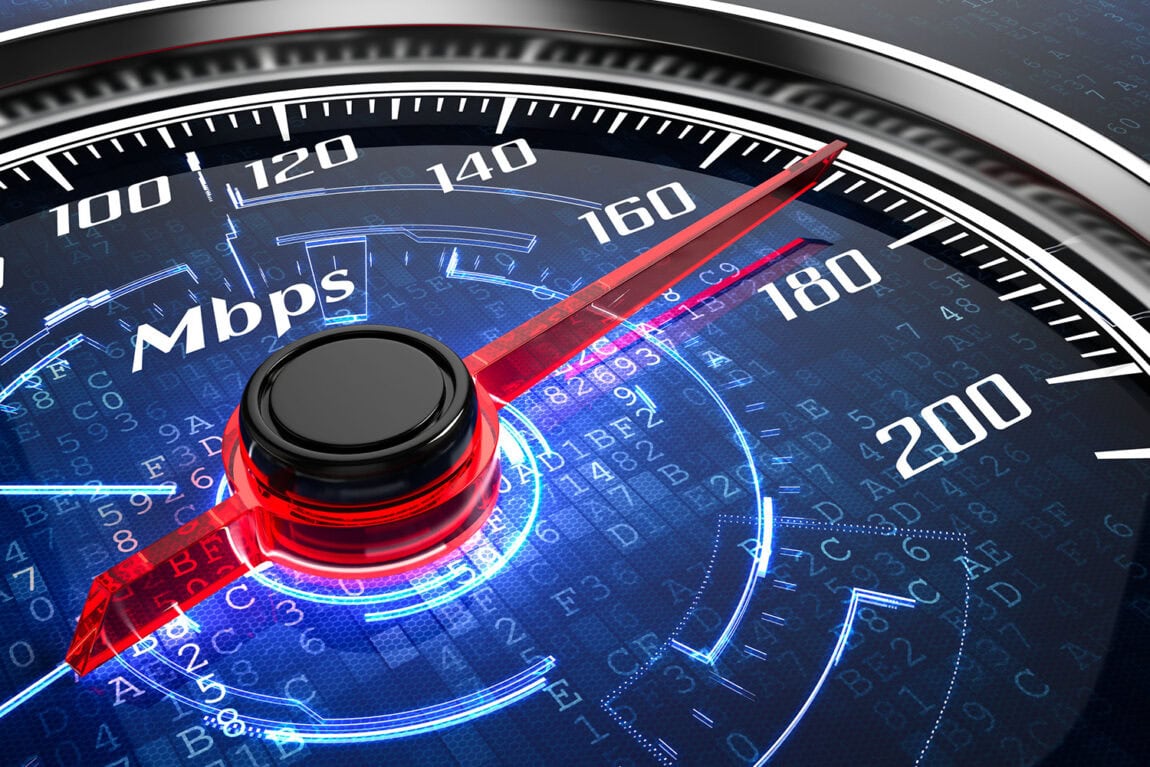 High-speed internet speedometer with digital graphics, measuring Mbps, featuring a sleek black and red needle, displayed against a background of binary code and data streams.