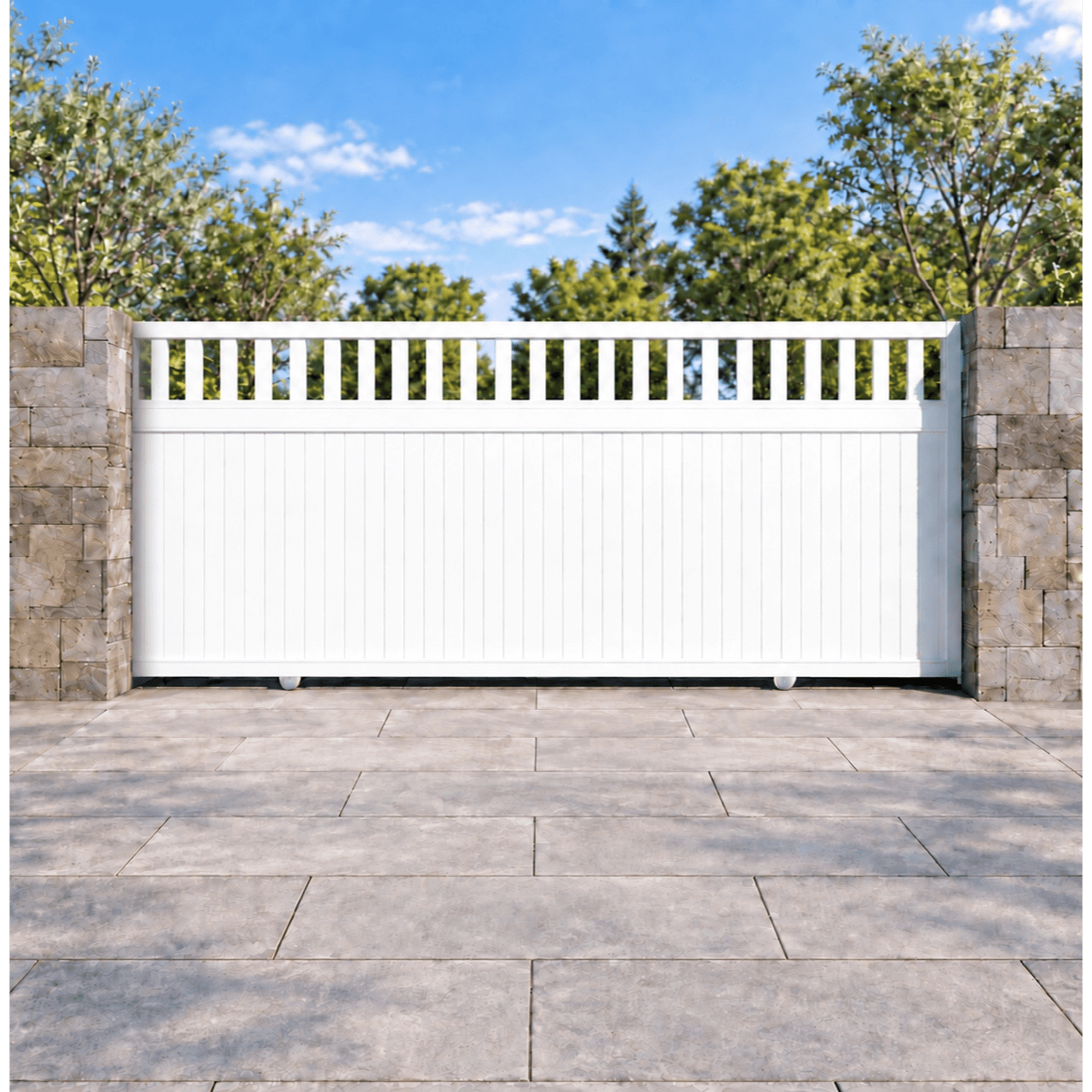 Hamptons Full Privacy + Slat Topper PVC Sliding Gate – White – Custom Size